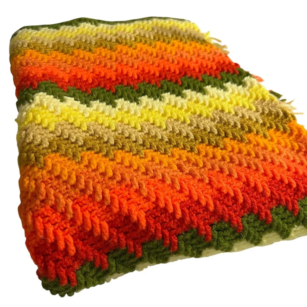 Vintage Handmade Crochet‎ Ripple Afghan Throw Blanket Chevron Zigzag 40x60